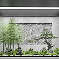 Indoor Landscape With Bamboo Pine Tree Stacked Stones Rocky Stone Backdrop And Stone Lantern