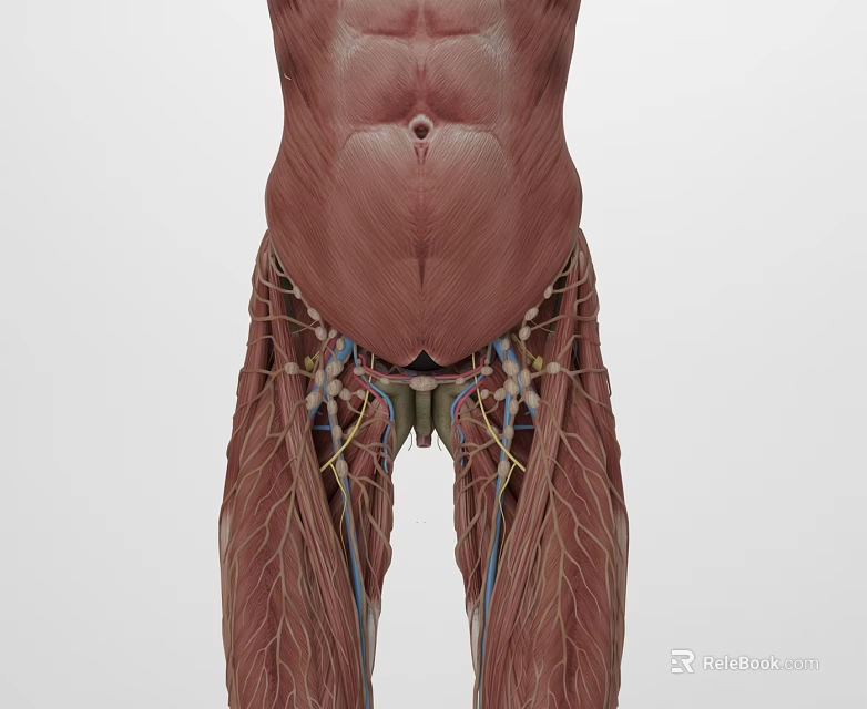 Anatomical Illustration of Human Torso Leg Muscles with Abdominal Pelvic Vascular Nerve Markings 3d model 