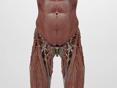 Anatomical Illustration of Human Torso Leg Muscles with Abdominal Pelvic Vascular Nerve Markings 3d model