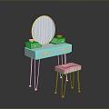 Modern Light Blue Dressing Table with Gold Accents Round Mirror and Pink Stool