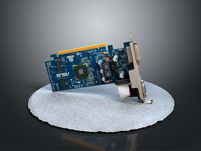 Blue Circuit Board Graphics Card Displayed On Stand With Chip Ports And Gold Fingers 3d model