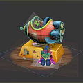 Colorful Spinning Rocket Shaped Amusement Ride With Yellow Base And Star Patterns