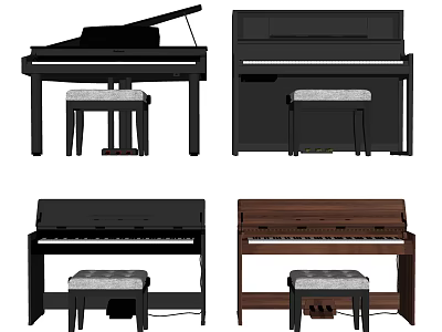 Different Types Of Musical Instruments Featuring Black Brown Pianos With Stools 3d model