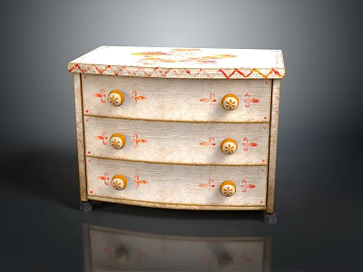 Vintage Painted Chest of Drawers With Three Drawers Golden Knobs And Red Trim 3d model