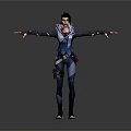 3D Female Character Model In Blue Purple Outfit With Arms Outstretched And Utility Belt