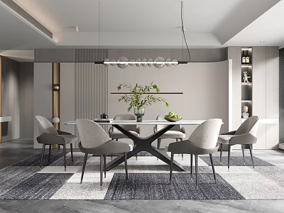 Elegant Modern Restaurant Interior With Dining Table Chairs Pendant Lights Green Plants And Rug 3d model