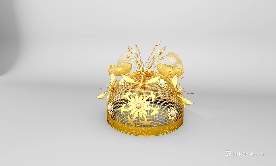 Golden Filigree Tiara with Floral Patterns Pearl Accents and Butterfly Decorations 3d model 