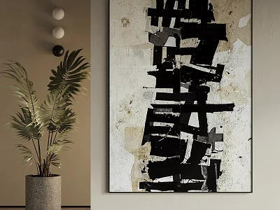 Minimalist Modern Interior With Black White Abstract Wall Art And Potted Plant 3d model