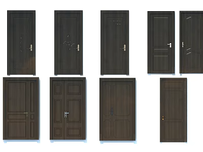 Dark Wooden Swing Doors with Different Panel Designs and Hardware Details 3d model