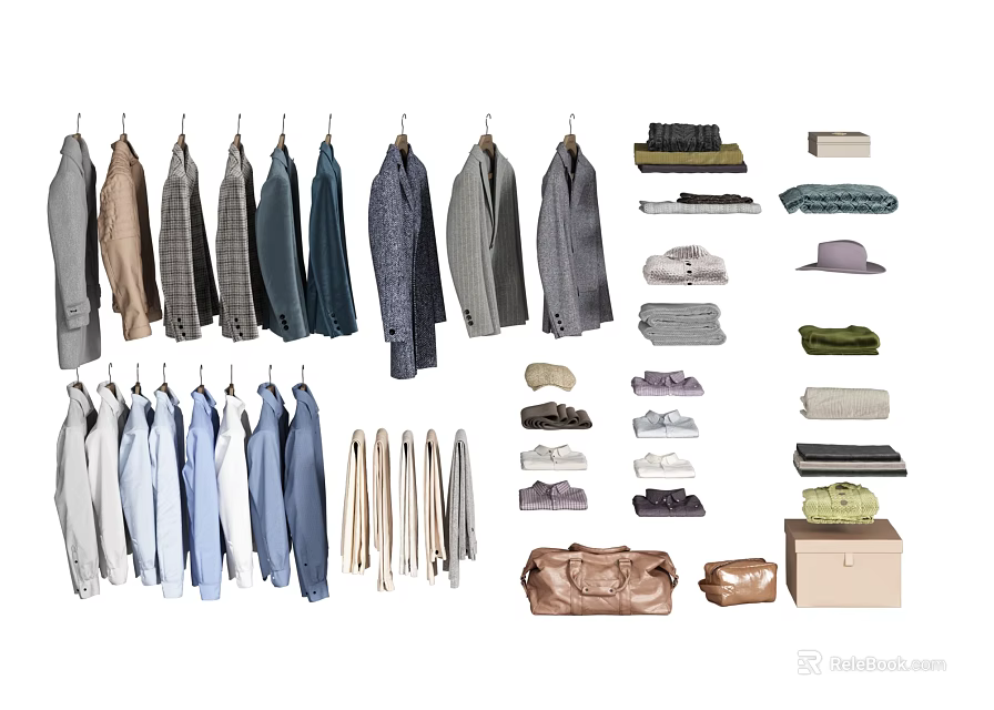 Different Types Of Hanging And Folded Clothes Including Shirts Coats Hats And Bags 3d model 