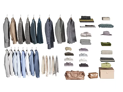 Different Types Of Hanging And Folded Clothes Including Shirts Coats Hats And Bags 3d model