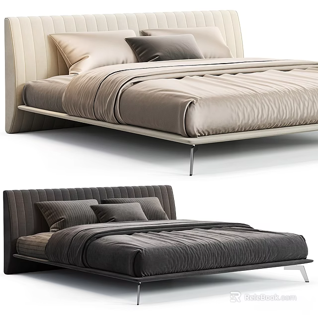 Modern Double Bed With Upholstered Headboard Light And Dark Colors Comfortable Mattress And Pillows 3d model 