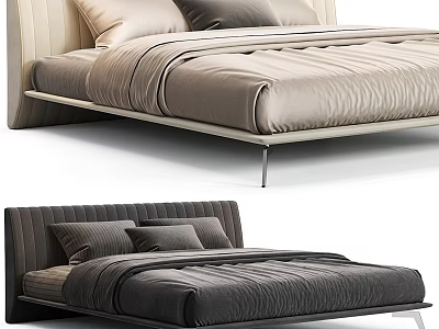 Modern Double Bed With Upholstered Headboard Light And Dark Colors Comfortable Mattress And Pillows 3d model