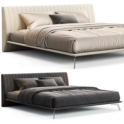 Modern Double Bed With Upholstered Headboard Light And Dark Colors Comfortable Mattress And Pillows 3d model