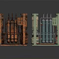 Industrial Style Building Equipment Models With Rusty Red And Light Green Metal Frames