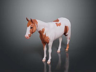 Brown and white spotted horse standing as 3D model on grey background with reflection 3d model