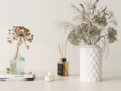 Elegant Decorative Ornament Collection With Dried Flowers Vases Fragrance Diffuser Candle And Books 3d model