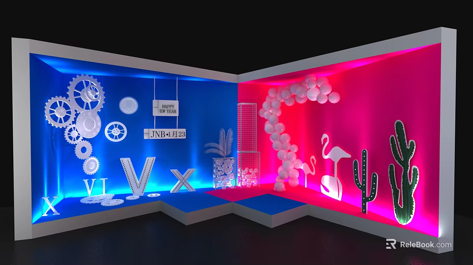 Vibrant Exhibition Display With Blue Pink Backgrounds Gears Balloons Flamingos Cacti And VI VX Letters 3d model 