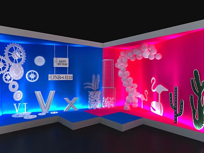 Vibrant Exhibition Display With Blue Pink Backgrounds Gears Balloons Flamingos Cacti And VI VX Letters 3d model
