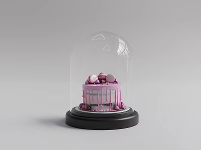 Pink Drizzle Cake With Top Decorations Under Glass Dome On Black Base 3d model