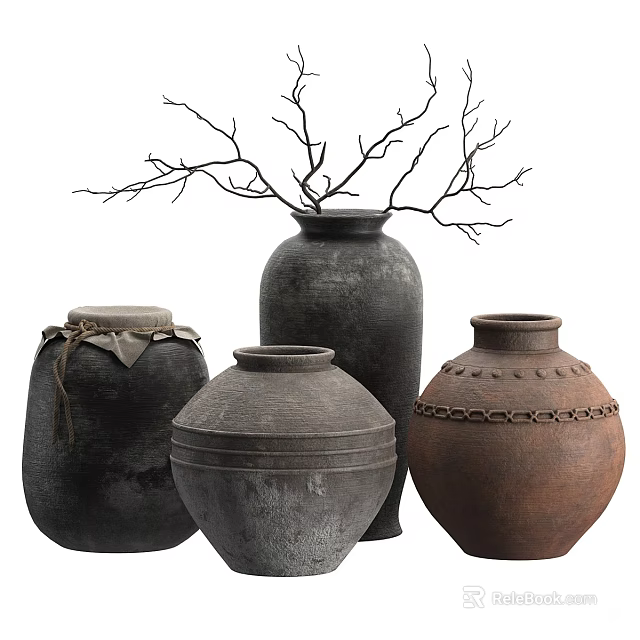 Four Ceramic Vessels In Black Grey Brown With Round Mouth Pattern And Branch Decoration 3d model 