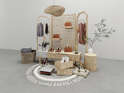Natural Minimalist Wooden Display Shelves With Hanging Clothes Bags Plants And Round Rug 3d model