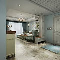 Cozy Living Room Interior With Light Blue Walls White Sofa Chandelier TV Green Plant And Rug
