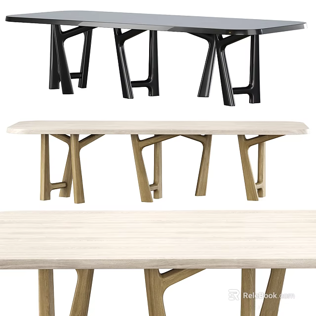 Modern Light Wood Dining Table With Cross Legs And Black Chairs 3d model 