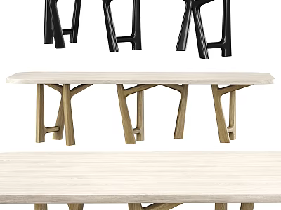Modern Light Wood Dining Table With Cross Legs And Black Chairs 3d model