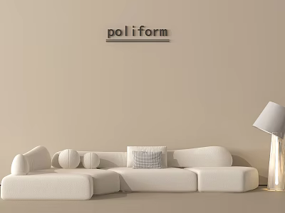 Poliform Irregular Sofa with Decorative Pillows and Floor Lamp on Beige Wall Background 3d model