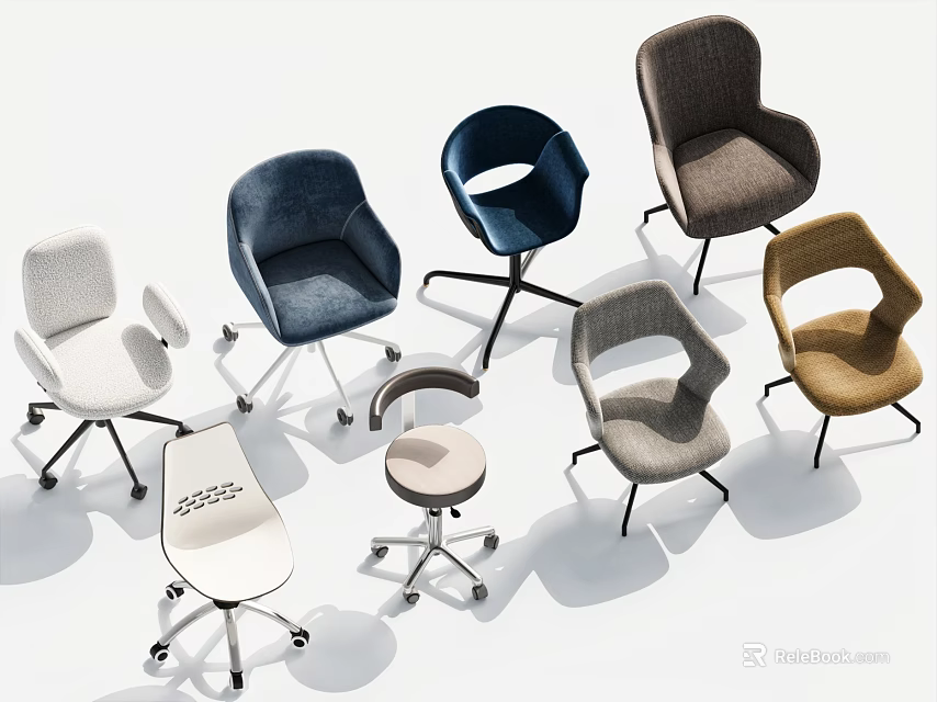Various Modern Office Chairs With Assorted Colors Wheeled Bases And Stylish Designs 3d model 