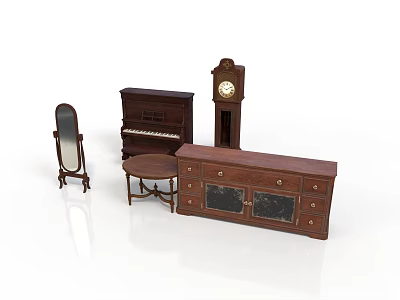 Vintage Wooden Furniture Collection Including Mirror Piano Clock Table And Dresser 3d model