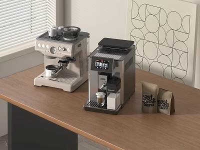 Modern Coffee Machines On Wooden Table With Coffee Bags And Decorative Wall Art 3d model