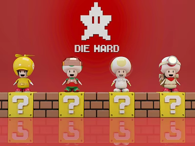 Cute Dolls on Yellow Question Mark Bricks With Red Backdrop White Star Logo And Die Hard 3d model