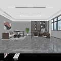Modern Office Interior Design With Desk Chairs Sofa Coffee Table Green Plant And Large Windows 3d model