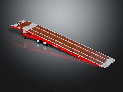 Red Flatbed Trailer With Brown Loading Surface Multiple Wheels And Long Structure 3d model