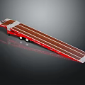 Red Flatbed Trailer With Brown Loading Surface Multiple Wheels And Long Structure