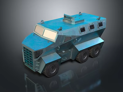Blue Wheeled Armored Military Tank With Front Grille And Top Equipment 3d model