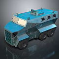 Blue Wheeled Armored Military Tank With Front Grille And Top Equipment