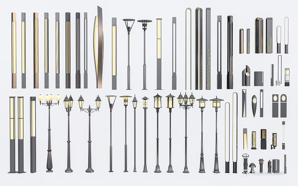Diverse Outdoor Lights with Street Lamps Pole Designs and Styles 3d model 