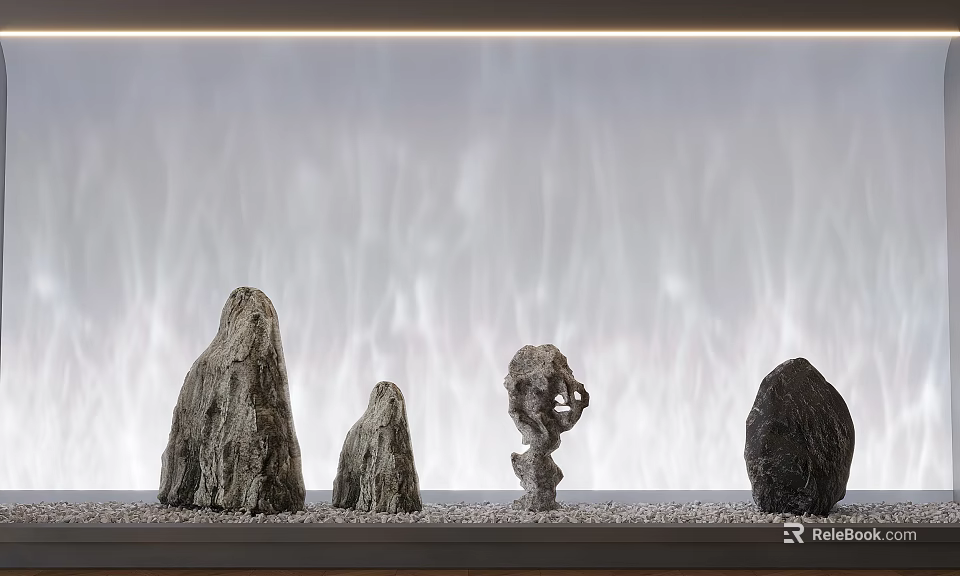 Decorative Lights with Natural Stone Display and Soft Flowing Water Backdrop Design 3d model 