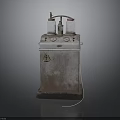 Vintage Rusted Industrial Machine With Cylindrical Containers Gauges And Warning Sign