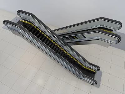 Modern Escalators With Black Steps And Yellow Warning Strips On White Tiled Floor 3d model