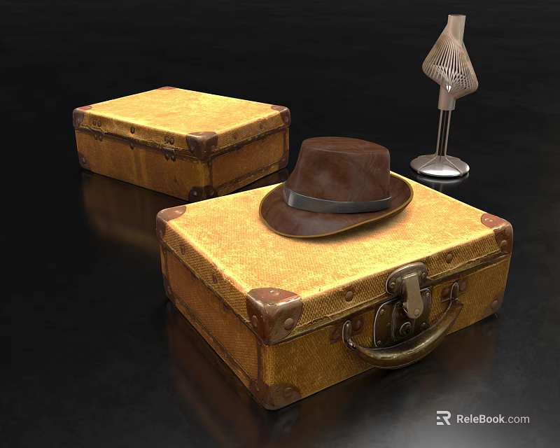 Vintage Yellow Suitcases With Brown Hat And Mannequin Stand On Black Surface 3d model 
