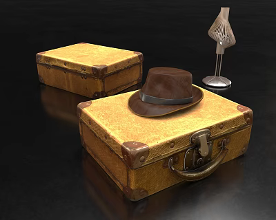 Vintage Yellow Suitcases With Brown Hat And Mannequin Stand On Black Surface 3d model