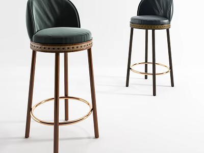 Two Elegant Modern Bar Stools With Upholstered Seats Wooden Legs And Metal Footrests 3d model