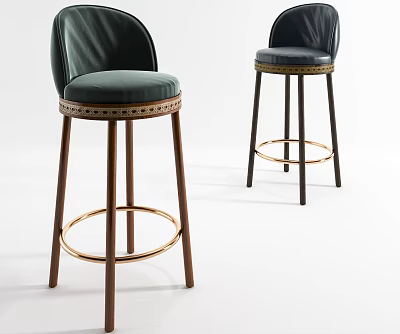 Two Elegant Modern Bar Stools With Upholstered Seats Wooden Legs And Metal Footrests 3d model