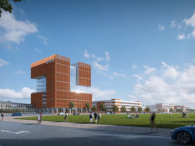 Modern Orange School Building With Glass Facade Green Lawn And Campus Surroundings 3d model