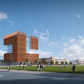 Modern Orange School Building With Glass Facade Green Lawn And Campus Surroundings