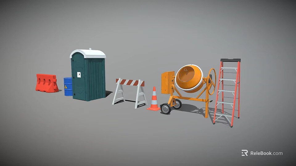 Construction Site Featuring Portable Toilet Concrete Mixer Traffic Cone Barricade And Red Ladder 3d model 
